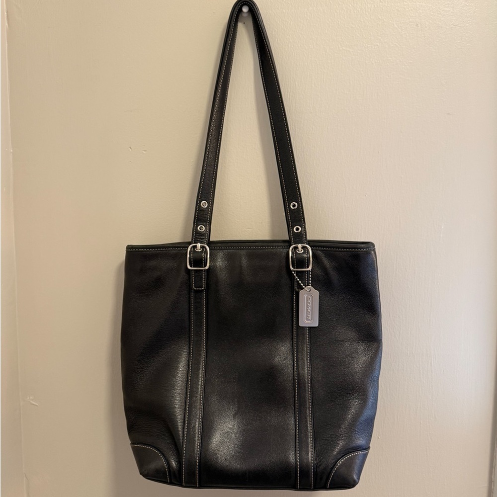 Coach Black Leather Hamptons Tote Handbag Silver Hardware Contrast Stitch #4462